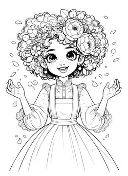 Cute little girl with a voluminous flower hairstyle in a whimsical coloring page. Perfect for kids books, activity sheets, classroom printables, and creative fun.