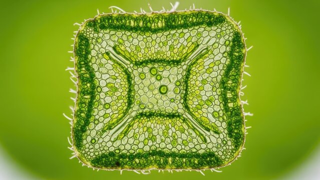 Microscopic cross-section of a green plant stem, showing intricate cellular detail