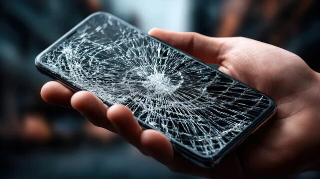 A close-up of a hand holding a broken smartphone. The screen glass is covered in a web of cracks with a single impact point at the center. Concept for gadget repair, warranty claims, and insurance