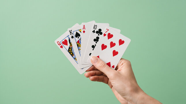 Hand Holding Playing Cards Against Green Background For Poker And Gambling Concept