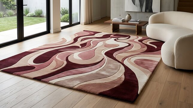 Modern living room with large abstract swirl patterned area rug on hardwood floor near sofa