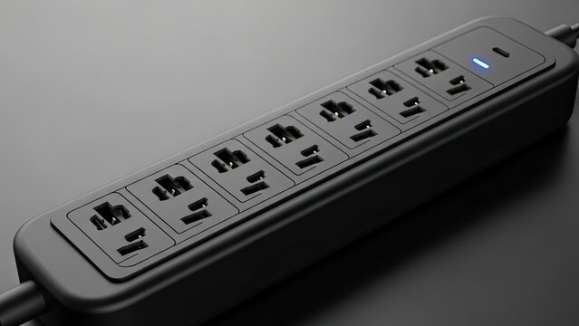 Modern black power strip with multiple outlets and a glowing blue power indicator