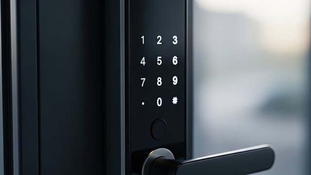 Modern black door lock with illuminated keypad and handle, partially in focus
