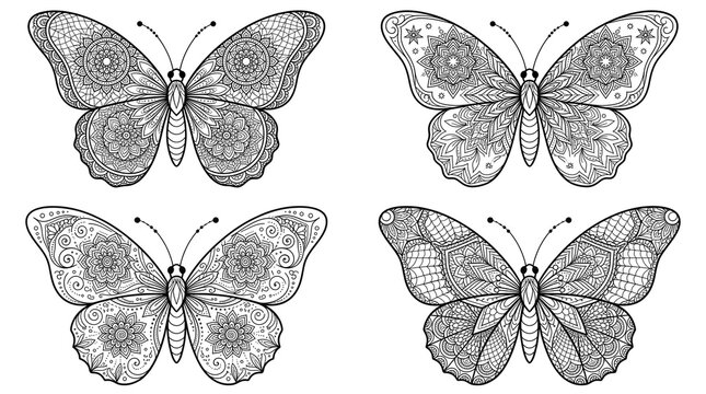Intricate hand drawn butterfly collection featuring detailed mandala patterns for artistic coloring pages on clean white isolated background surface design