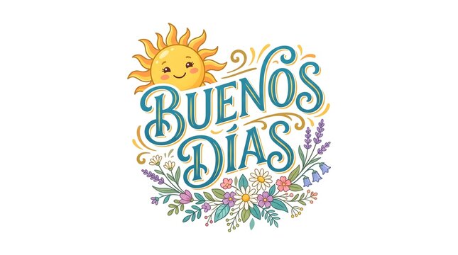 Buenos dias hand lettering illustration featuring a cute smiling sun character and colorful floral arrangement on a clean white background