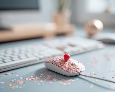 simple office desk, keyboard and mouse, mouse slightly covered in bright confetti and with tiny red clown nose on the cable