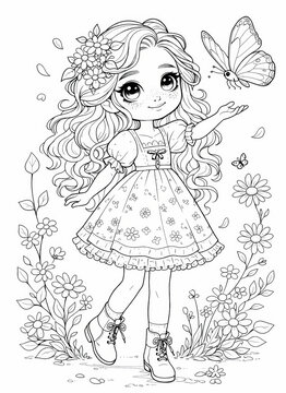 Adorable cartoon girl surrounded by flowers and a butterfly in elegant line art. Great for preschool activities, coloring books, craft projects, and worksheets.