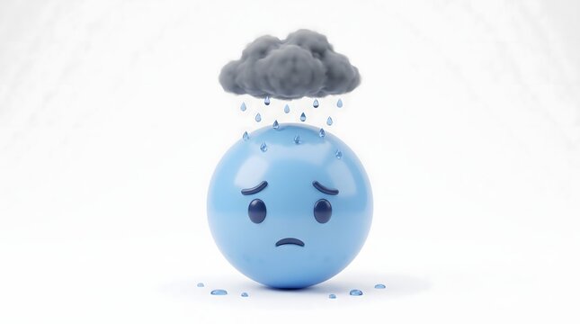 Sad blue sphere character experiencing gloomy rainy weather under a dark grey storm cloud in this minimalist 3d render illustration