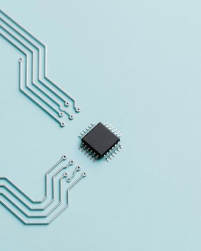 single black microchip separated from a simple circuit path by a visible gap, pale blue background, semiconductor shortage