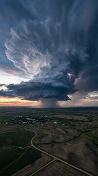 Dramatic Supercell Storm Cloud Formations Over Rural Countryside Landscape at Sunset with Rain