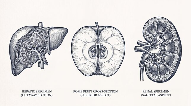 Engraved illustration showing anatomical parts of liver, apple, and kidney in various views