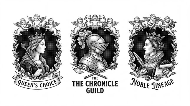 Engraved illustration of noble themes featuring a queen, a knight, and a woman of lineage