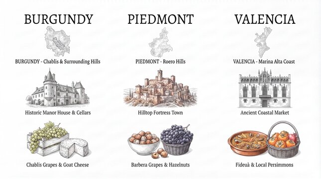 Engraved illustration showing wine regions with maps and local products
