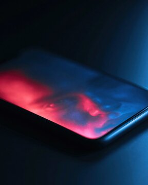 single unbranded smartphone lying on a black surface, screen showing an intentionally blurred generic human face without text, red and blue light