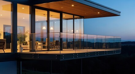 Fototapeta premium Modern home balcony with glass railings & evening view of landscape and interior lights