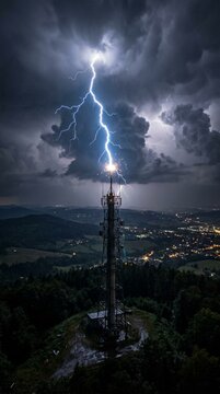 Powerful lightning bolt hitting a telecommunications tower on a hill during a dramatic night storm