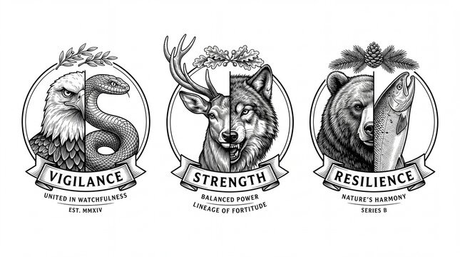 Engraved illustration collection showing symbols of vigilance, strength, and resilience with various animals and nature elements