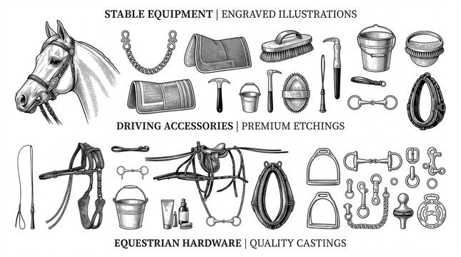 Premium engraved illustrations of stable equipment, driving accessories and equestrian hardware on a transparent background