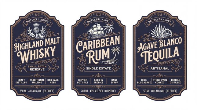 Premium engraved illustrations of whisky, rum, and tequila labels with detailed designs and transparent backgrounds