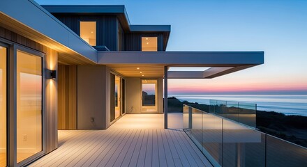 Fototapeta premium Modern home features a deck overlooking the ocean at sunset. Contemporary design with glass railings