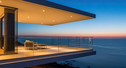 Fototapeta premium Modern luxury home balcony overlooking ocean at dusk with seating and glass railing