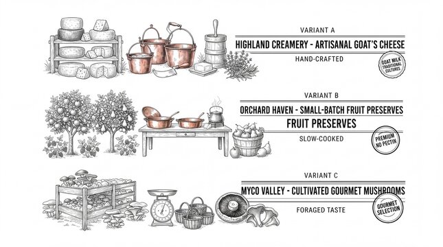 Premium engraved illustration of food items and kitchen tools