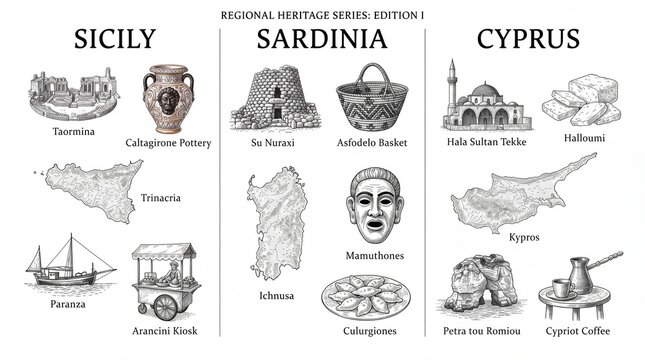 Exploring the cultural heritage of Sicily, Sardinia, and Cyprus through symbols and artifacts