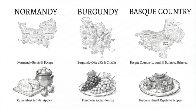 Map illustrations highlighting regions of Normandy, Burgundy, and Basque Country with food and drink details