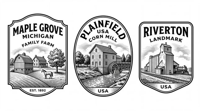 Engraved illustrations of farm and mill scenes depicting Michigan and USA locations