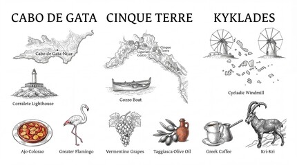 Obraz premium Engraved illustration of locations, landmarks, and cultural symbols in Cabo de Gata, Cinque Terre, and Kyklades
