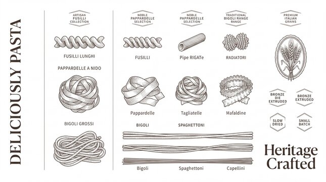 Engraved illustration displaying various types of pasta with names and descriptions in black and white design