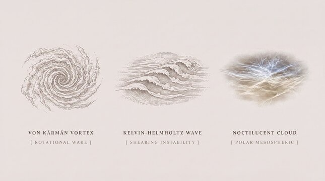 Engraved illustration showing von Karman vortex, Kelvin-Helmholtz wave, and noctilucent cloud