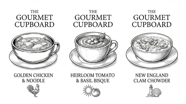 Engraved illustration of gourmet soup cups with names and ingredients displayed in black and white
