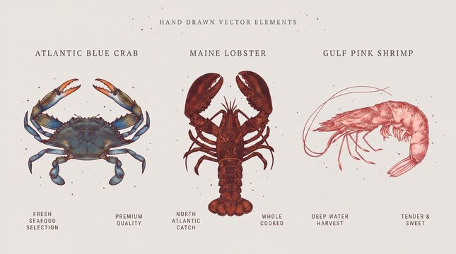 Premium engraved illustration of seafood from the Atlantic Ocean, including crabs, lobsters, and shrimp shown with details