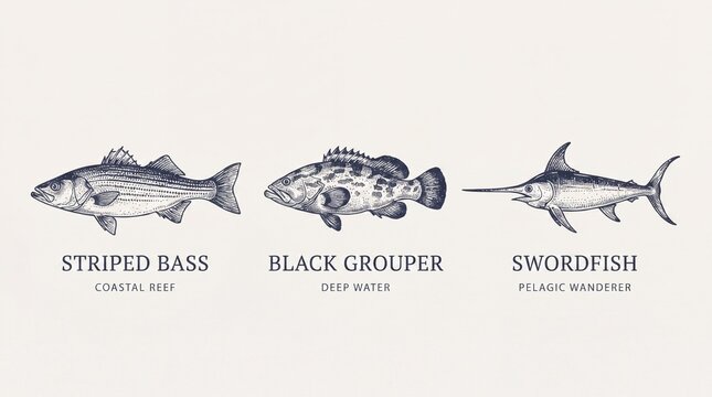 Engraved illustration of striped bass, black grouper and swordfish with labels for habitats and behavior