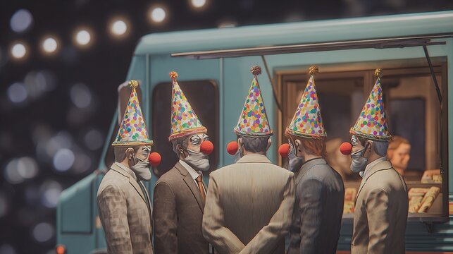 street food truck painted in neutral colors, but all customers wear formal suits with big colorful party hats and clown noses