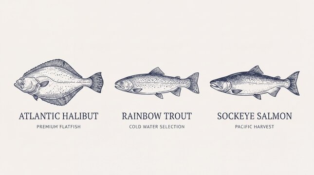 Engraved illustrations of Atlantic halibut, rainbow trout, and sockeye salmon with details on premium fish selection