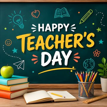 Happy Teacher Day Square Educational Poster Concept with Chalk Typography Drawing Doodles Yellow Text Fresh Green Apple Stack of Books and Pencils Holder