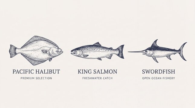Premium engraved illustration of fish species including Pacific halibut, king salmon, and swordfish