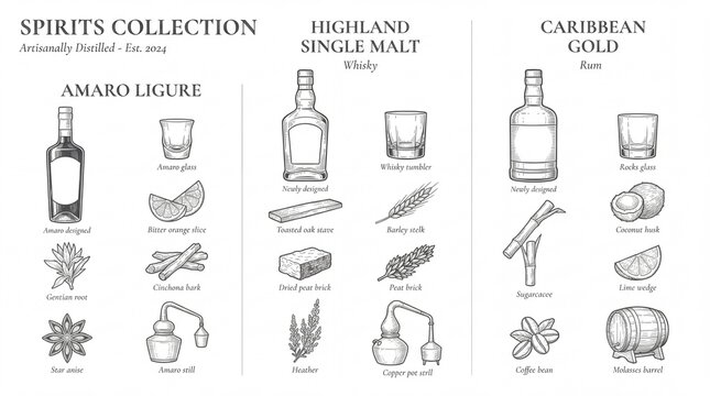 Engraved illustration showing a spirits collection featuring different types of alcohol and their related items