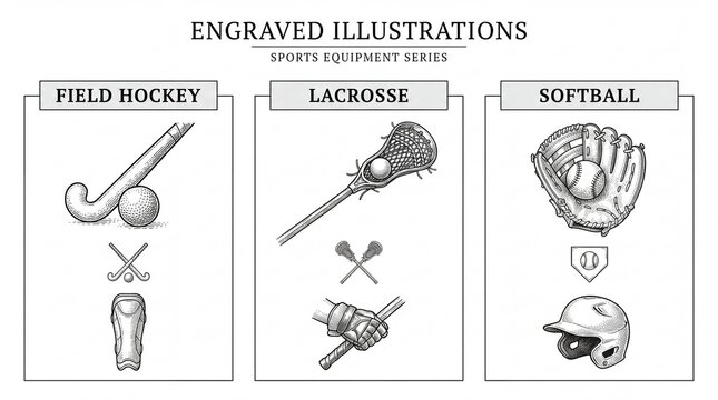 Engraved illustrations of field hockey, lacrosse, and softball equipment displayed on a transparent background