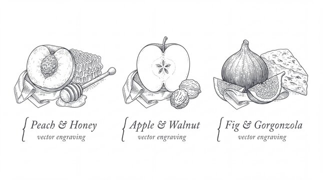 Premium engraved illustration of fruit and cheese pairings with honey