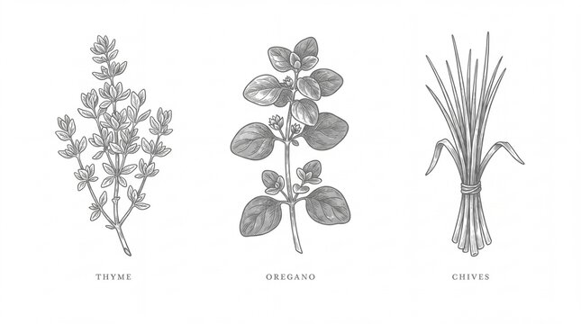 Engraved illustration of thyme, oregano, and chives on a white background
