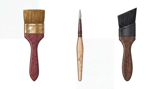 Engraved illustration of three different paintbrushes on a white background