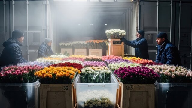 Workers loading colorful fresh cut flowers into a refrigerated shipping container
