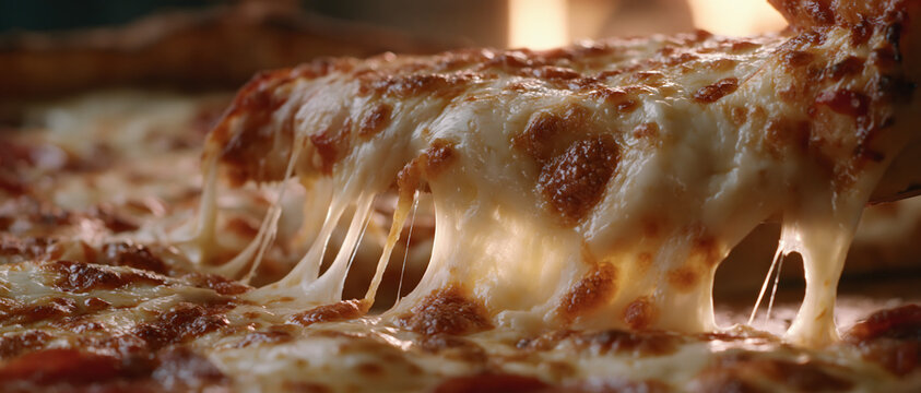 Stretched mozzarella cheese on pepperoni pizza close up food photography pull italian cuisine slice dairy product close up shot culinary delicious appetizing comfort fast