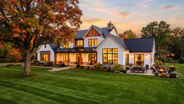 Modern farmhouse home exterior at twilight with warm interior lighting, cozy residential architecture for real estate and lifestyle concepts