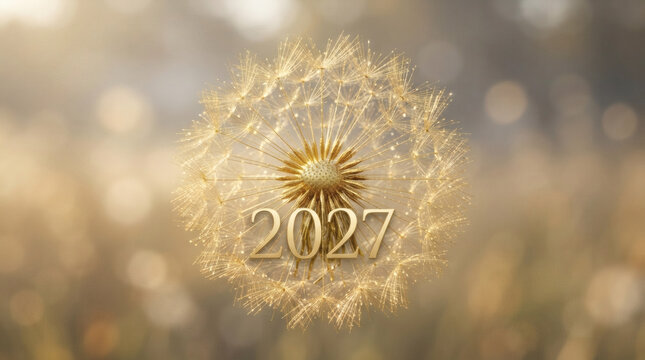 2027 New Year text on dandelion seeds background. Golden year number symbol, bokeh nature concept, holiday celebration greeting card, spring wish, growth.