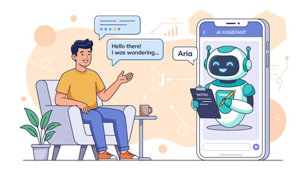 Fototapeta premium Young man interacts with a digital chatbot assistant via mobile phone in this clean vector illustration