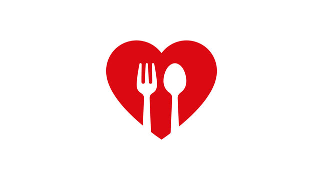 Vibrant red heart vector illustration featuring elegant white silhouette of a fork and spoon kitchen utensil